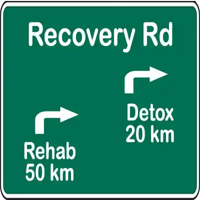  recovery road sign to detox and rehab.